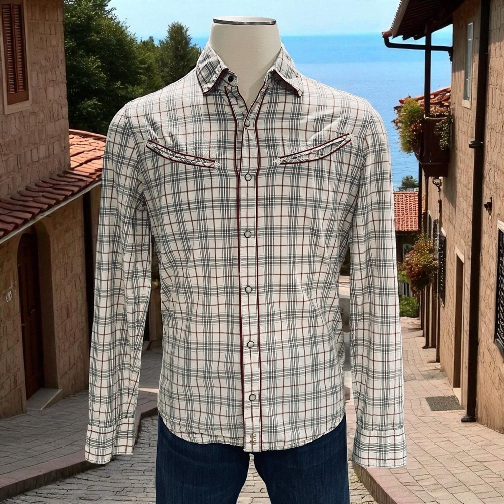 Oxygen Required Mens Pearl Snap‎ Western Plaid Shirt Size M Y2K Cowboy Grunge
